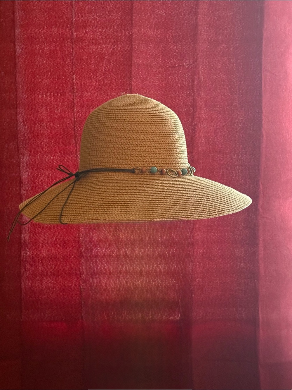 Wide Brim Straw Hat with Beaded Accent - Tan